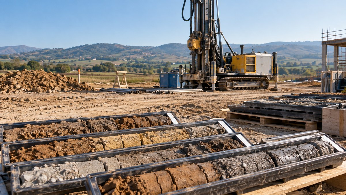 Immagine illustrativa: Campioni di terreno e attrezzatura per un’indagine geotecnica