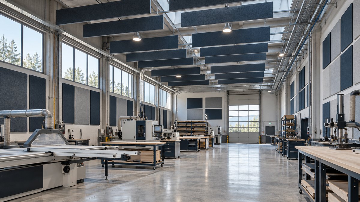 Immagine illustrativa: Pannelli fonoassorbenti e baffles acustici all’interno di un ambiente industriale